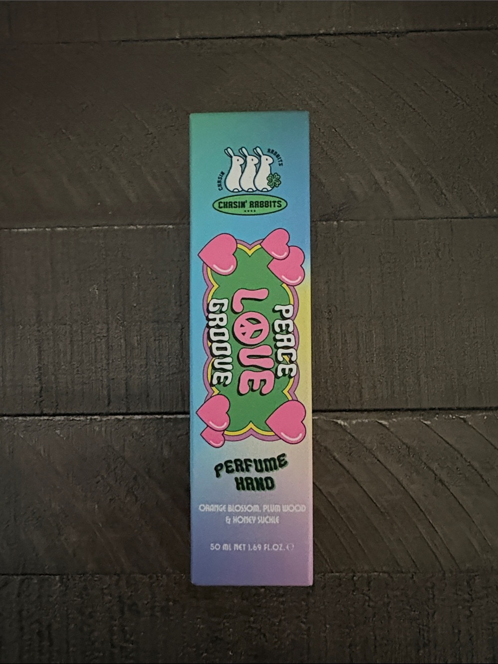 Peace Love Groove Perfume Hand Mist — Gradient Teal to Purple with Pink Accents